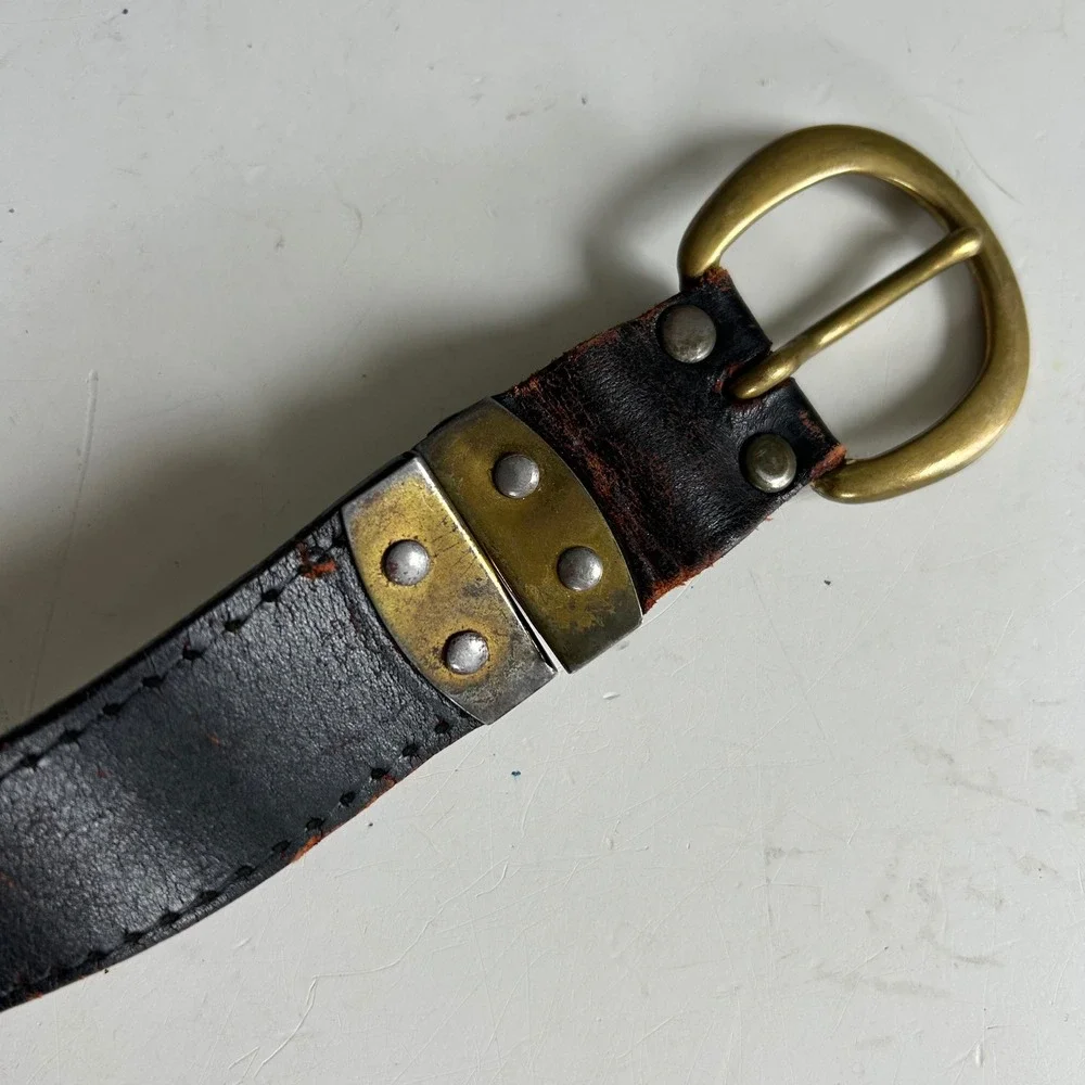 Vtg Belt Brass Buckle Mens XL XXL Distressed Brown Leather Workwear Reversible